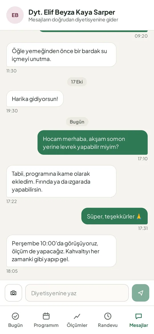 Danışan ve diyetisyen arasında mesajlaşma