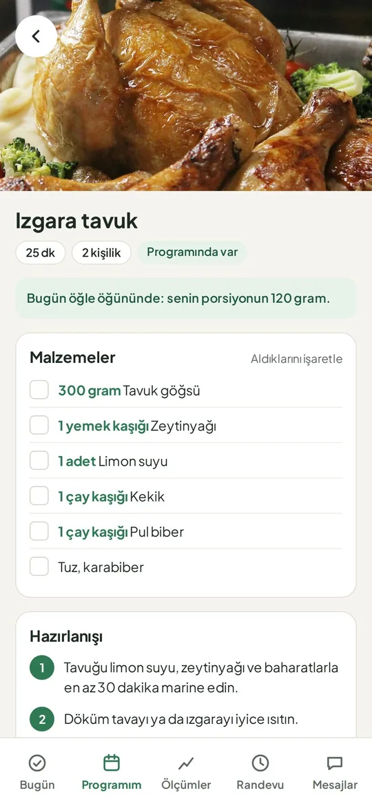 Programdaki yemeğin tarifi ve danışanın porsiyonu