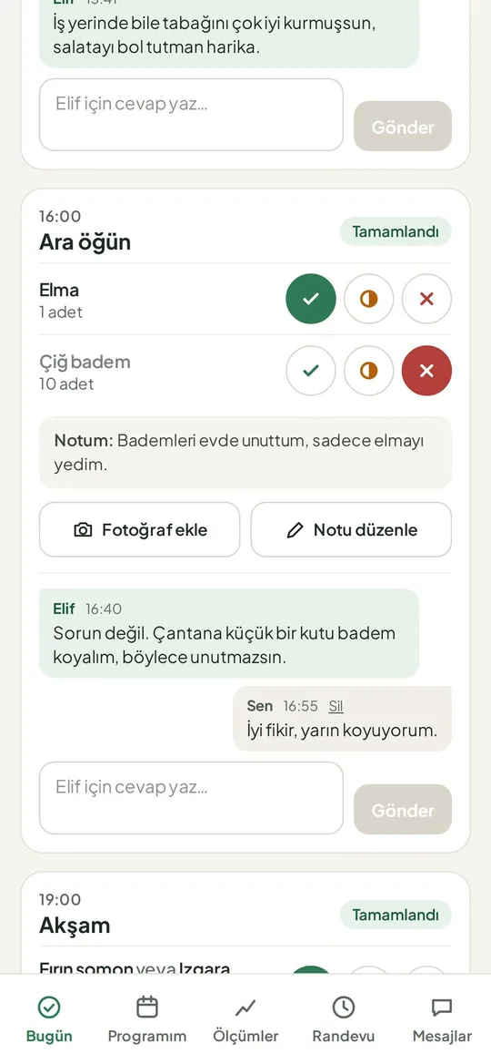 Danışan bir kalemi yapamadım olarak işaretledi ve nedenini yazdı